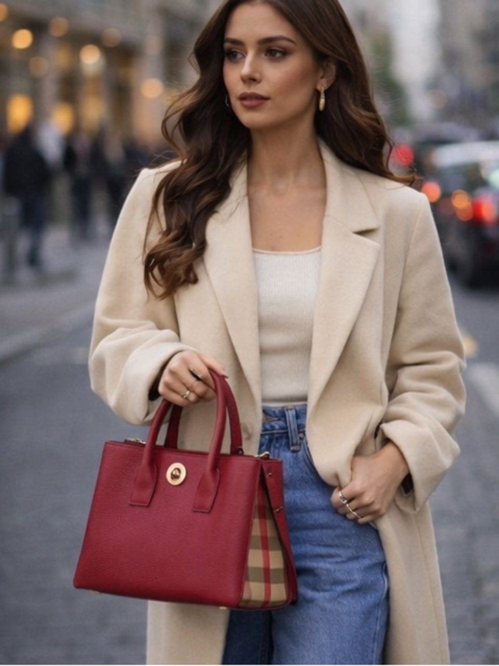 Burberry Red Pebbled Leather Satchel with Gold-Tone Accent
